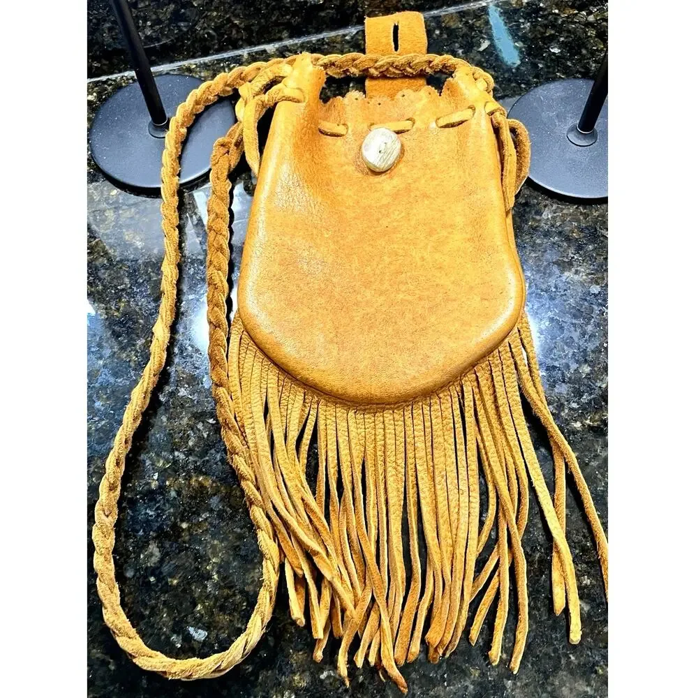 Wolf River TN Crossbody Bag Hand Sewn Tan Fringe Leather Satchel Unisex